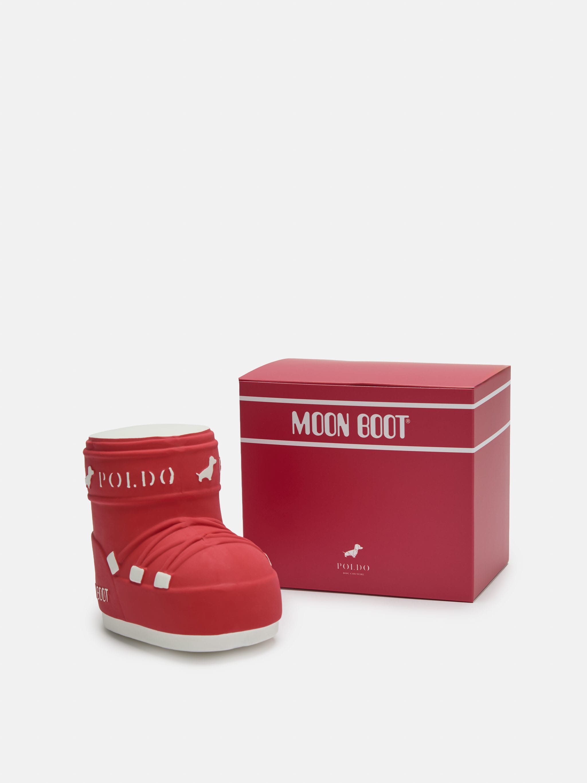 MOON BOOT X POLDO DOG COUTURE RÖD SKRÄPANDE HUNDLEKAMAR
