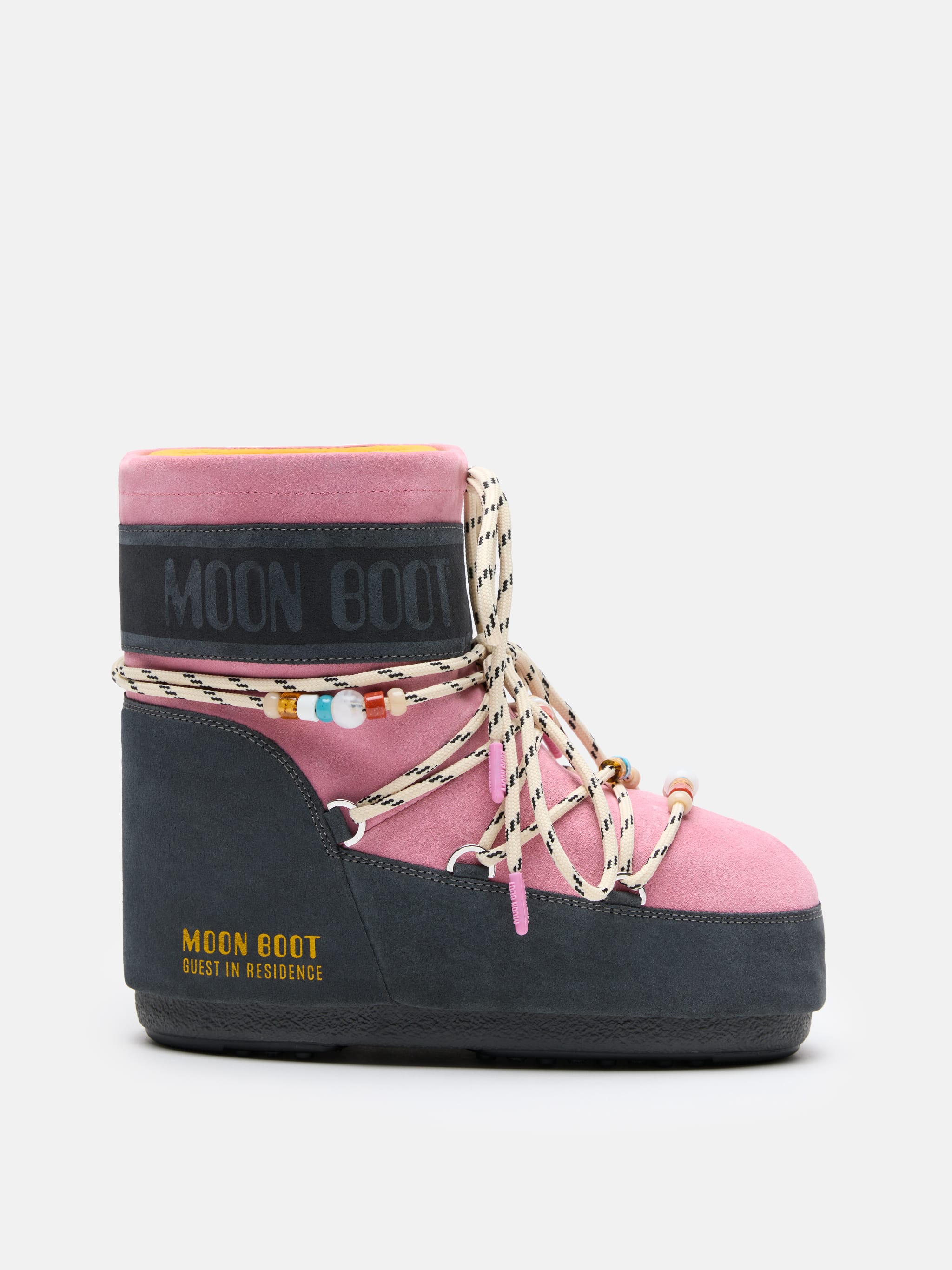 MOON BOOT X GUEST IN RESIDENCE ICON LOW GRÅ & ROSA BEADADE SUEDE STÖVLE